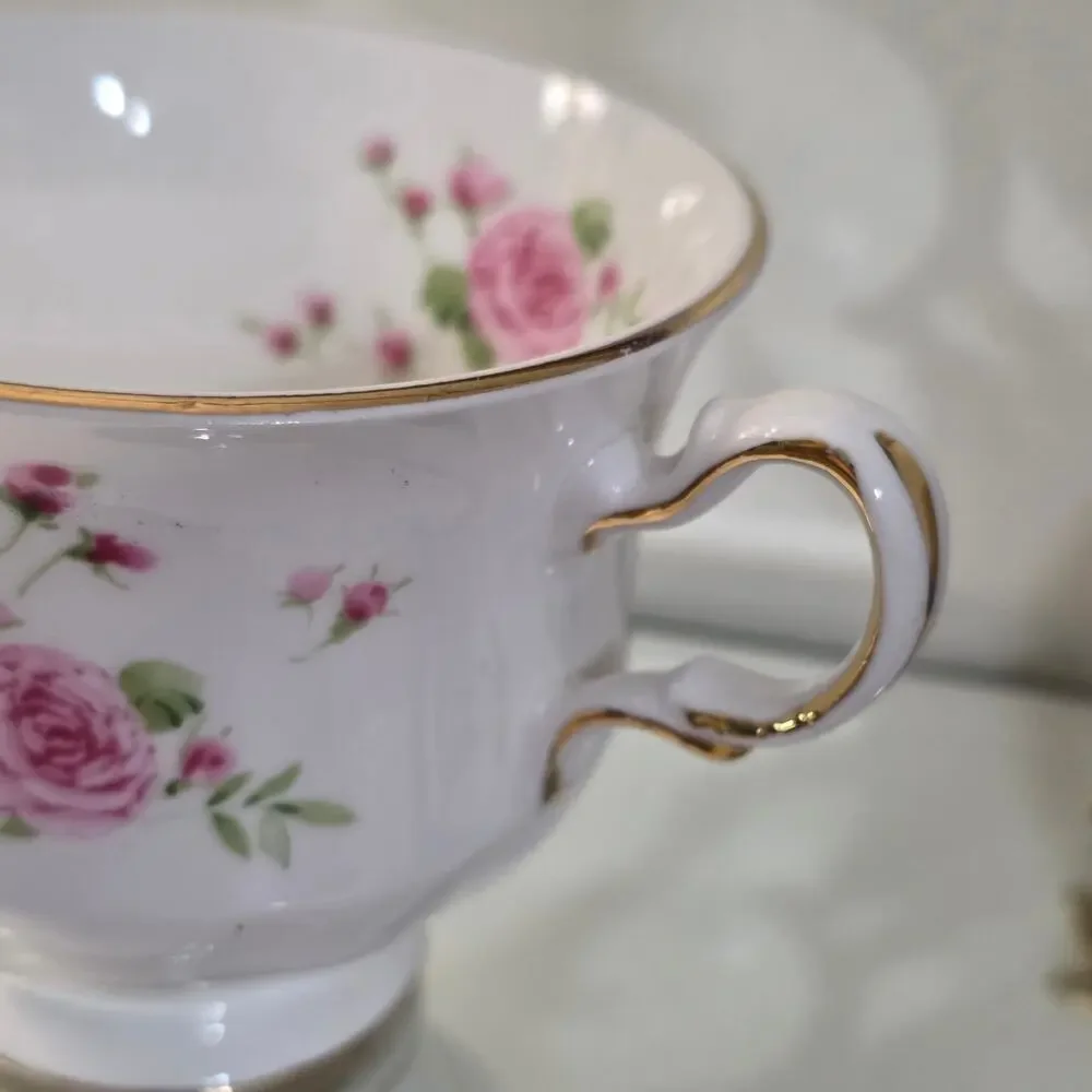 Vintage Avon Pink Roses Fine Bone China Teacup England Gold Trim Floral Cup
